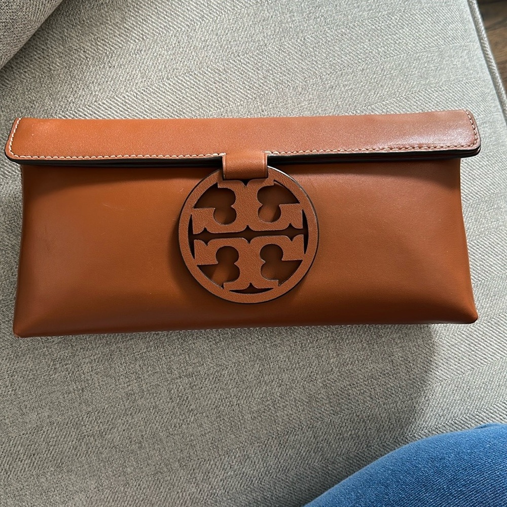 Tory Burch Tan Leather Clutch with Logo